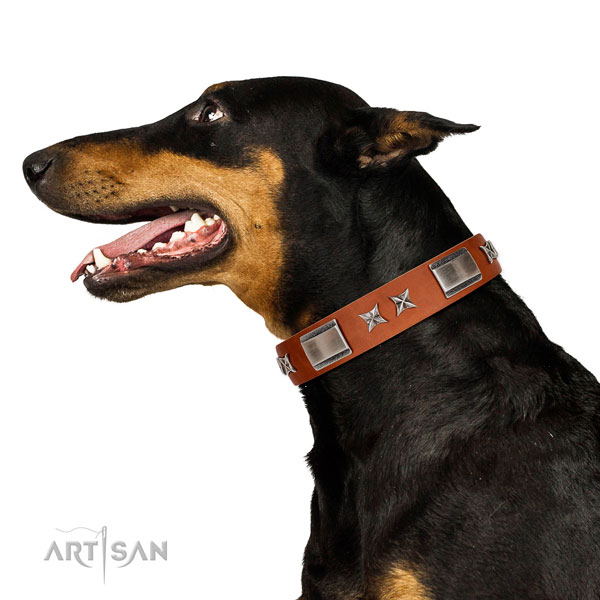 Stylish walking flexible genuine leather dog collar with decorations