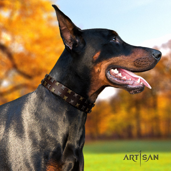 Doberman easy wearing full grain leather dog collar with decorations