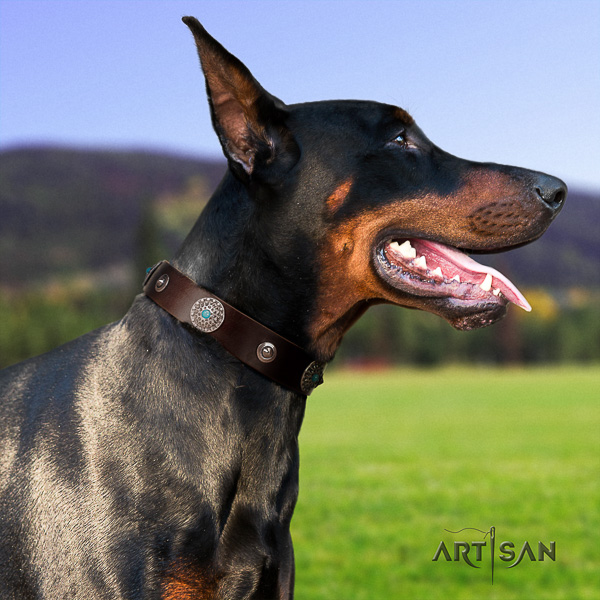Doberman full grain natural leather dog collar with adornments for comfy wearing