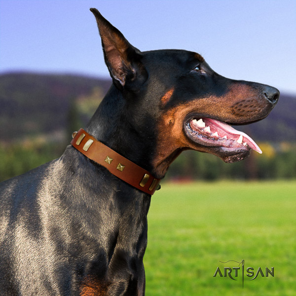 Doberman easy wearing natural genuine leather dog collar with embellishments