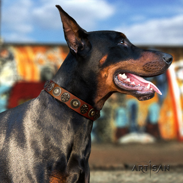Doberman easy wearing natural genuine leather dog collar with decorations