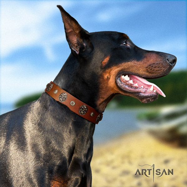Doberman walking leather dog collar with decorations
