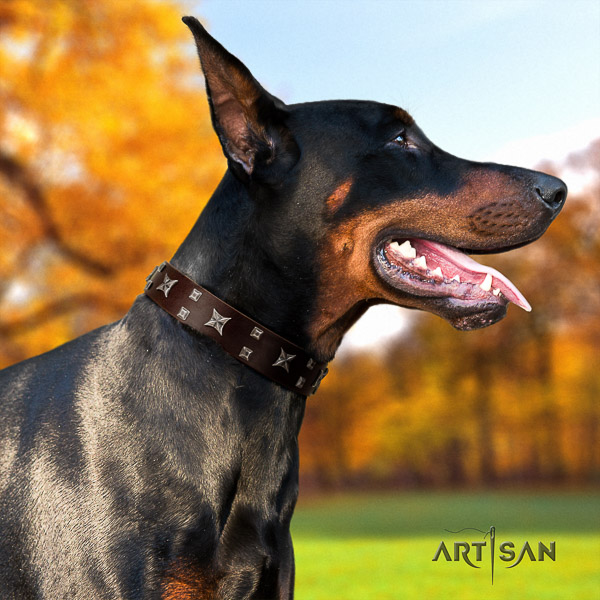 Doberman leather dog collar with decorations for everyday use