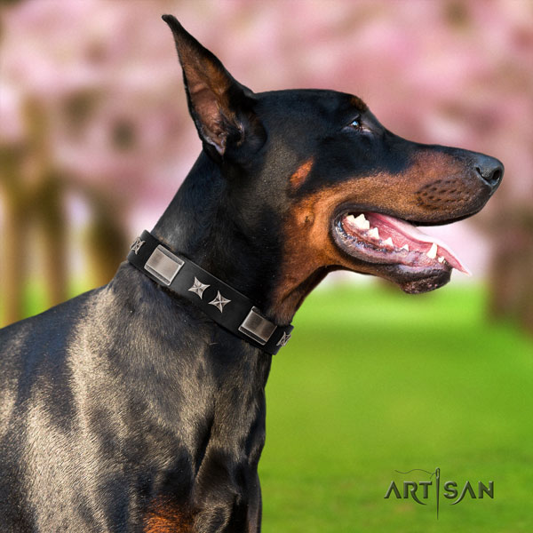 Doberman easy adjustable natural genuine leather collar with studs for your four-legged friend