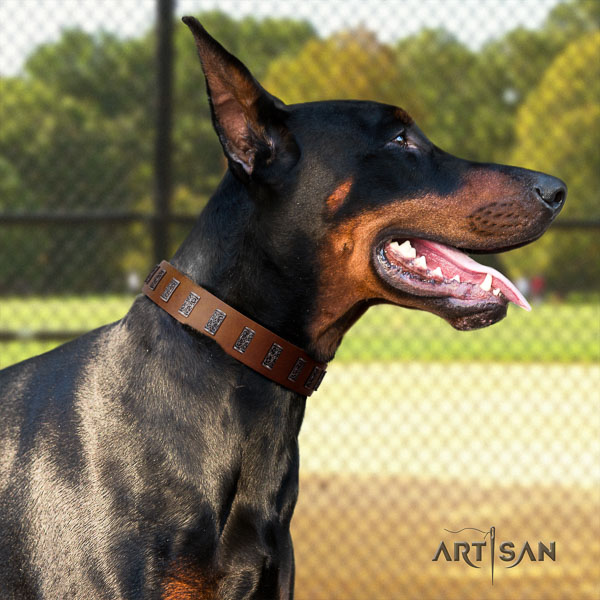 Doberman genuine leather dog collar with decorations for your lovely canine