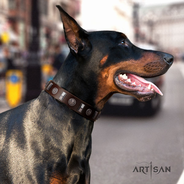 Doberman natural genuine leather dog collar with adornments for your stylish dog