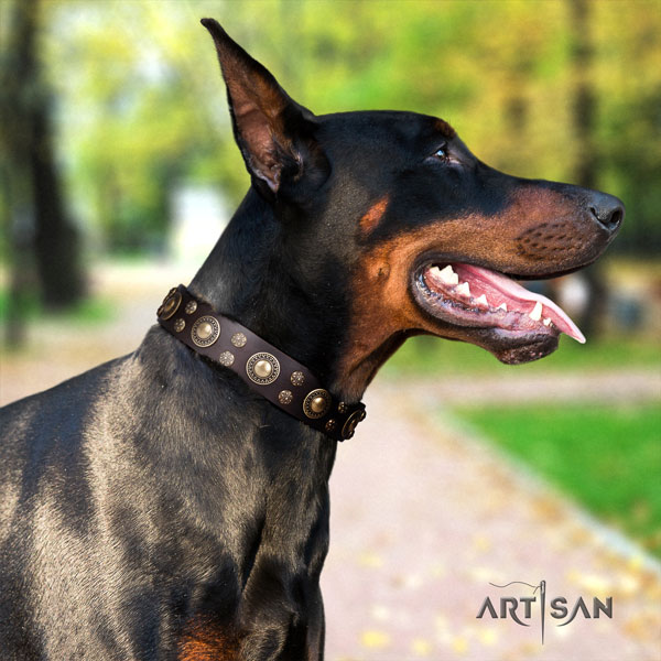 Doberman stylish design full grain natural leather collar with decorations for your four-legged friend