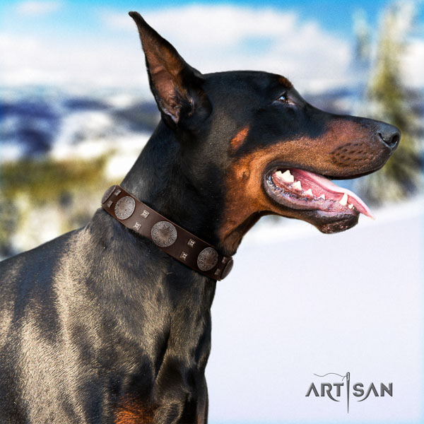 Doberman natural genuine leather dog collar with embellishments for your lovely doggie