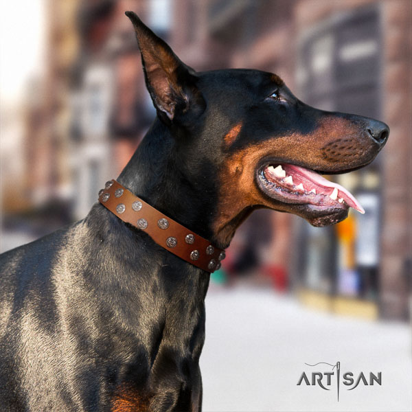 Doberman genuine leather dog collar with studs for your handsome pet