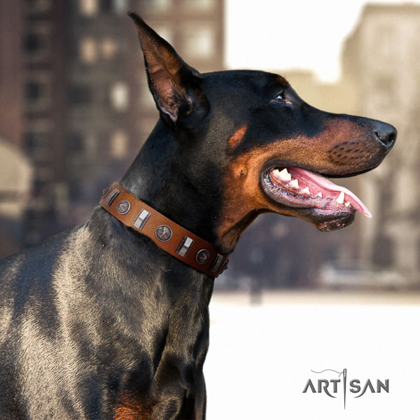 Doberman natural genuine leather dog collar with decorations for your impressive pet