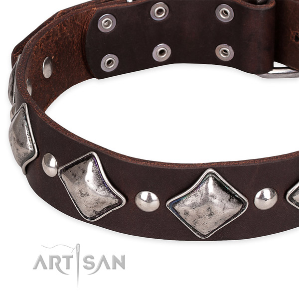 Easy to put on/off leather dog collar with resistant non-rusting fittings