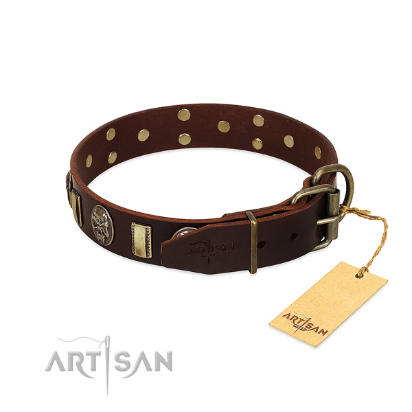Leather dog collar with durable traditional buckle and embellishments
