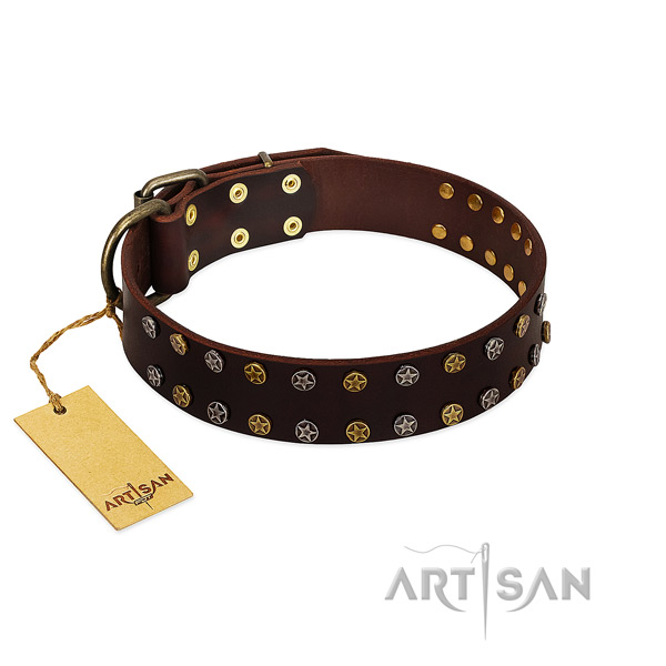 Fancy walking flexible genuine leather dog collar with adornments