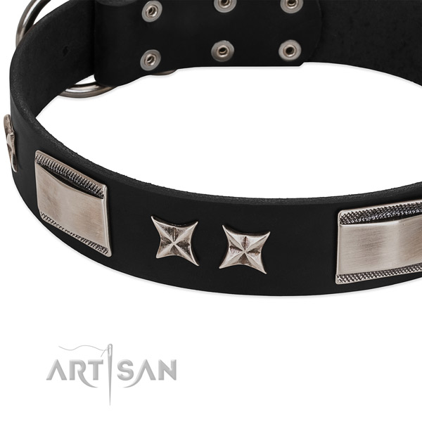 Soft natural leather dog collar with corrosion proof traditional buckle