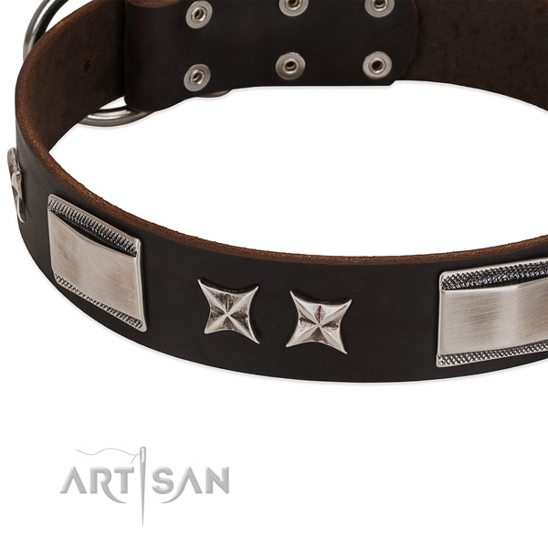 Flexible leather dog collar with rust-proof D-ring