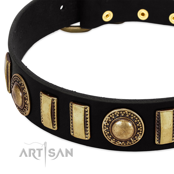Gentle to touch leather dog collar with corrosion proof traditional buckle