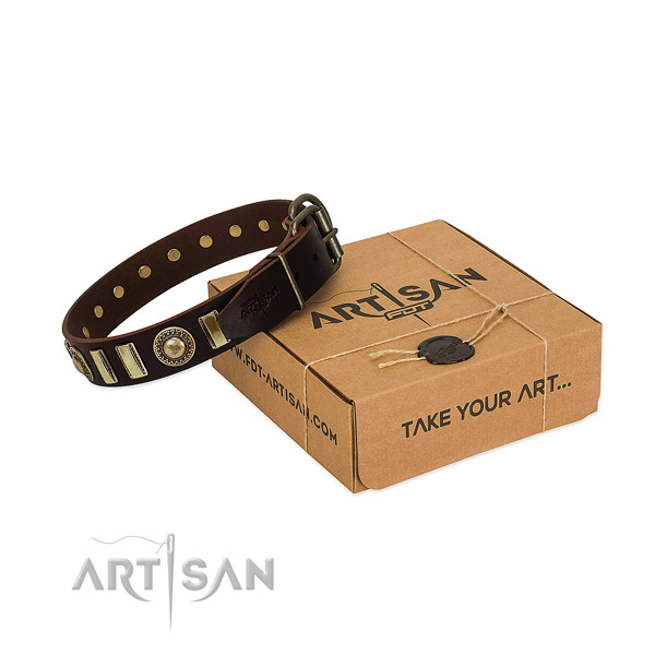 Strong leather dog collar with rust-proof D-ring