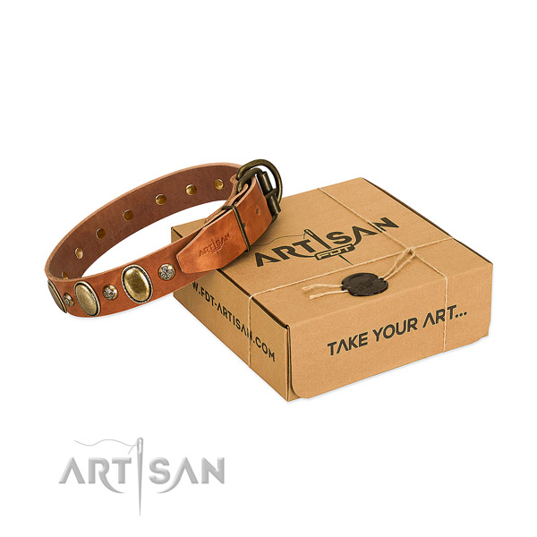 Stylish full grain genuine leather dog collar with strong D-ring