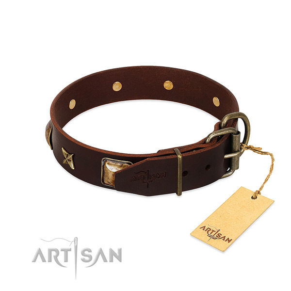 Leather dog collar with rust-proof traditional buckle and decorations