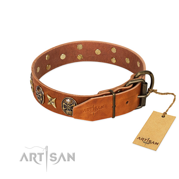 Full grain natural leather dog collar with rust resistant hardware and decorations