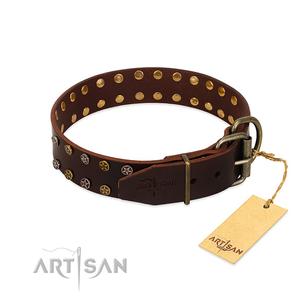 Daily walking full grain genuine leather dog collar with exquisite decorations