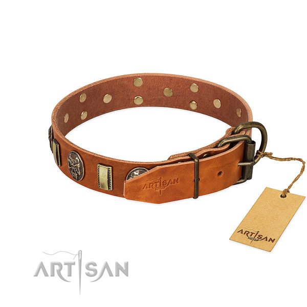 Full grain natural leather dog collar with corrosion resistant D-ring and embellishments