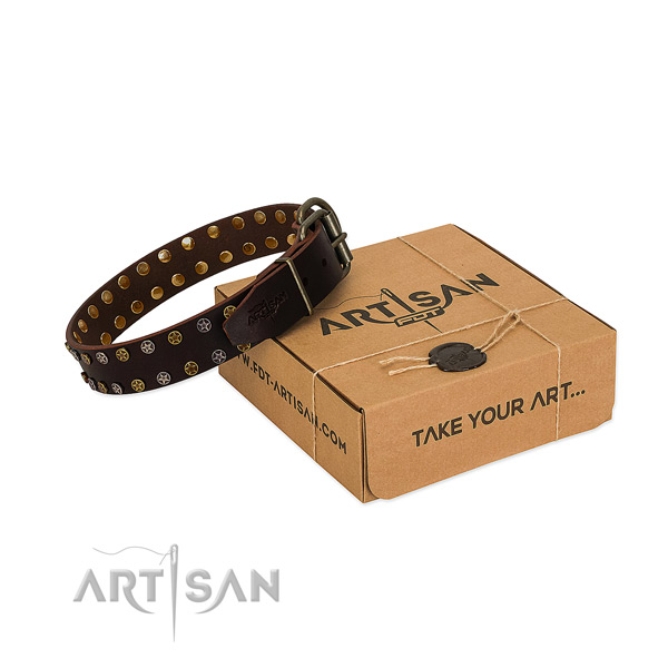 Handy use top rate full grain genuine leather dog collar with adornments