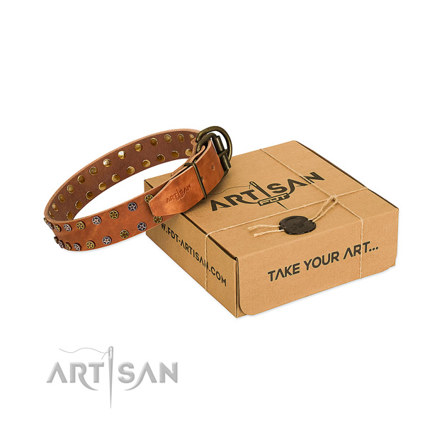 Handy use top rate full grain genuine leather dog collar with decorations